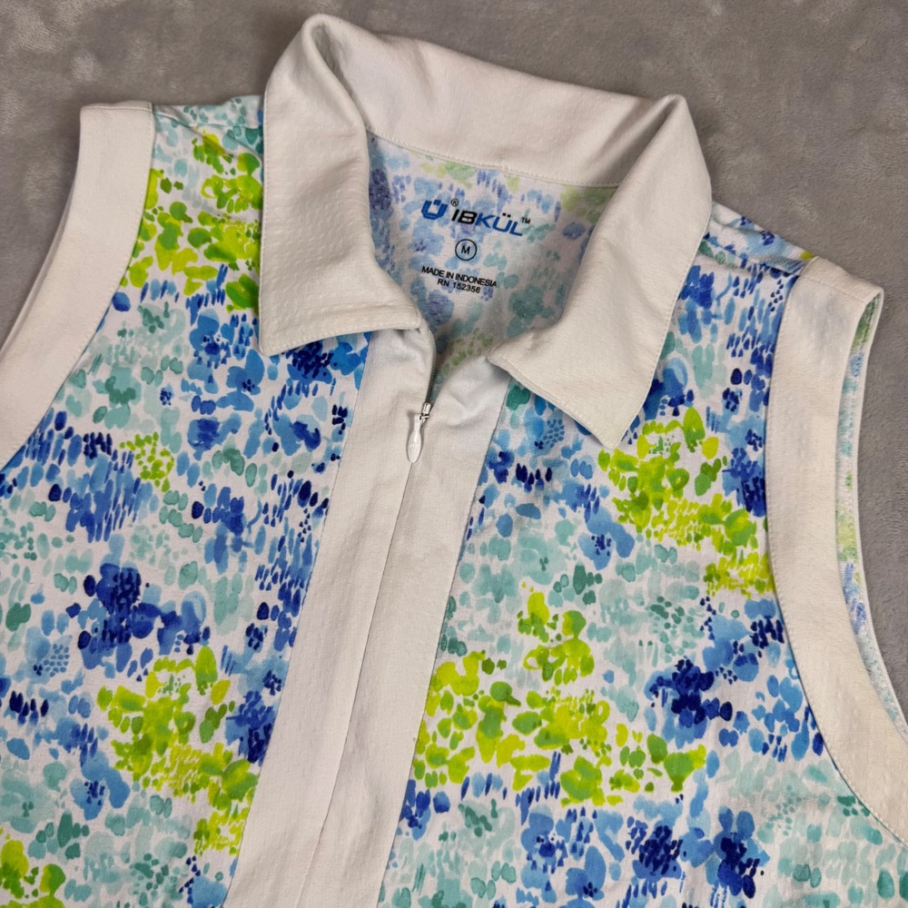 IBKUL Womens Sleeveless 1/4 Zip Golf Polo Shirt Size M‎ Floral Print White Trim